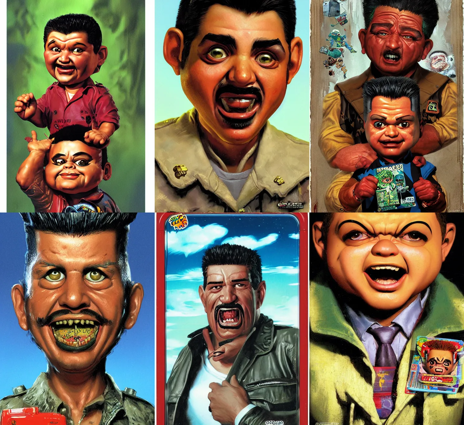 Prompt: Portrait of Ricardo fort , garbage pail kids style by Craig mullins and Jason edmiston, plastic toy, trading card