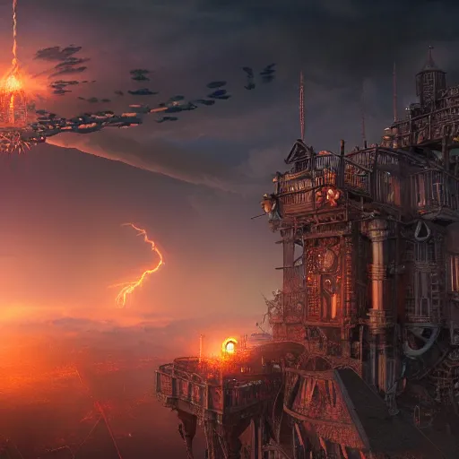 Prompt: a flying steampunk fortress, intricate, behrens style, octane render, fantasy digital art, beautiful composition, trending on artstation, night, meteors, lightning!!!, lightning, lightning, dramatic lighting, red glow, eldritch