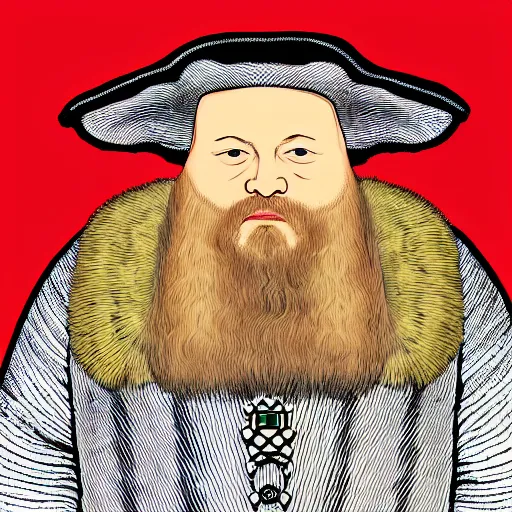 Image similar to action bronson stoned, portrait, action bronson as king henry viii, regal hat, king, stately, painting