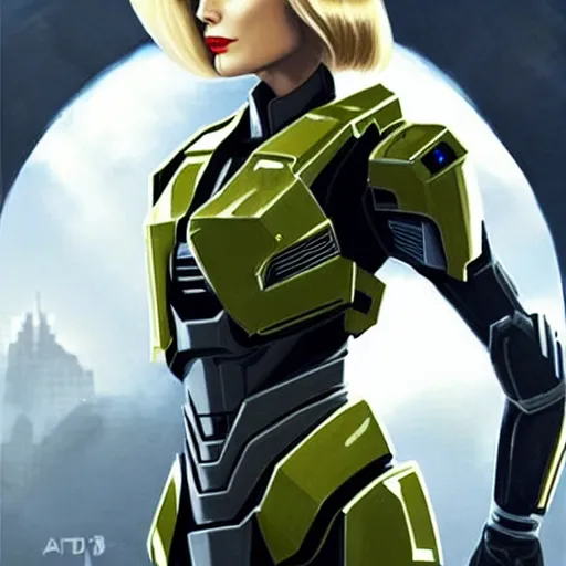 Image similar to A combination of Grace Kelly's and Ada Wong's and Ashley Greene's appearances with blonde hair wearing Forerunner armor from Halo, high tech, action shot, angular, full body portrait, futuristic, dramatic, fantasy, intricate, elegant, highly detailed, artstation, matte, sharp focus, 8K, art by Artgerm and Greg Rutkowski and Alphonse Mucha