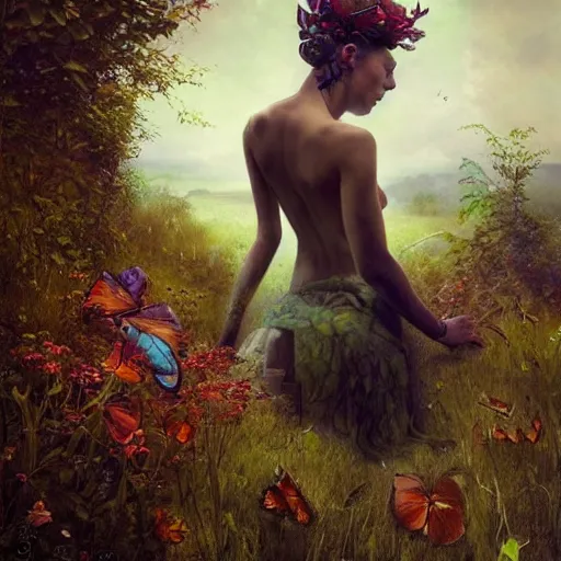 Image similar to a solarpunk very very very beautiful lush landscape of a beautiful nymph in a field are of broken stone words with cyborg workers picking up the broken stone and trying to put them back together, hyperrealistic, award - winning, masterpiece, in the style of tom bagshaw, cedric peyravernay, peter mohrbacher