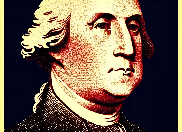 Prompt: portrait of George Washington,modern art deco, Mads Berg, Karolis Strautniekas,small finely stippled light, dramatic lighting,fine texutre,propaganda poster, editorial illustration, detailed, matte print, film noir, dynamic composition,moody,dark red, dark blue, beige, black