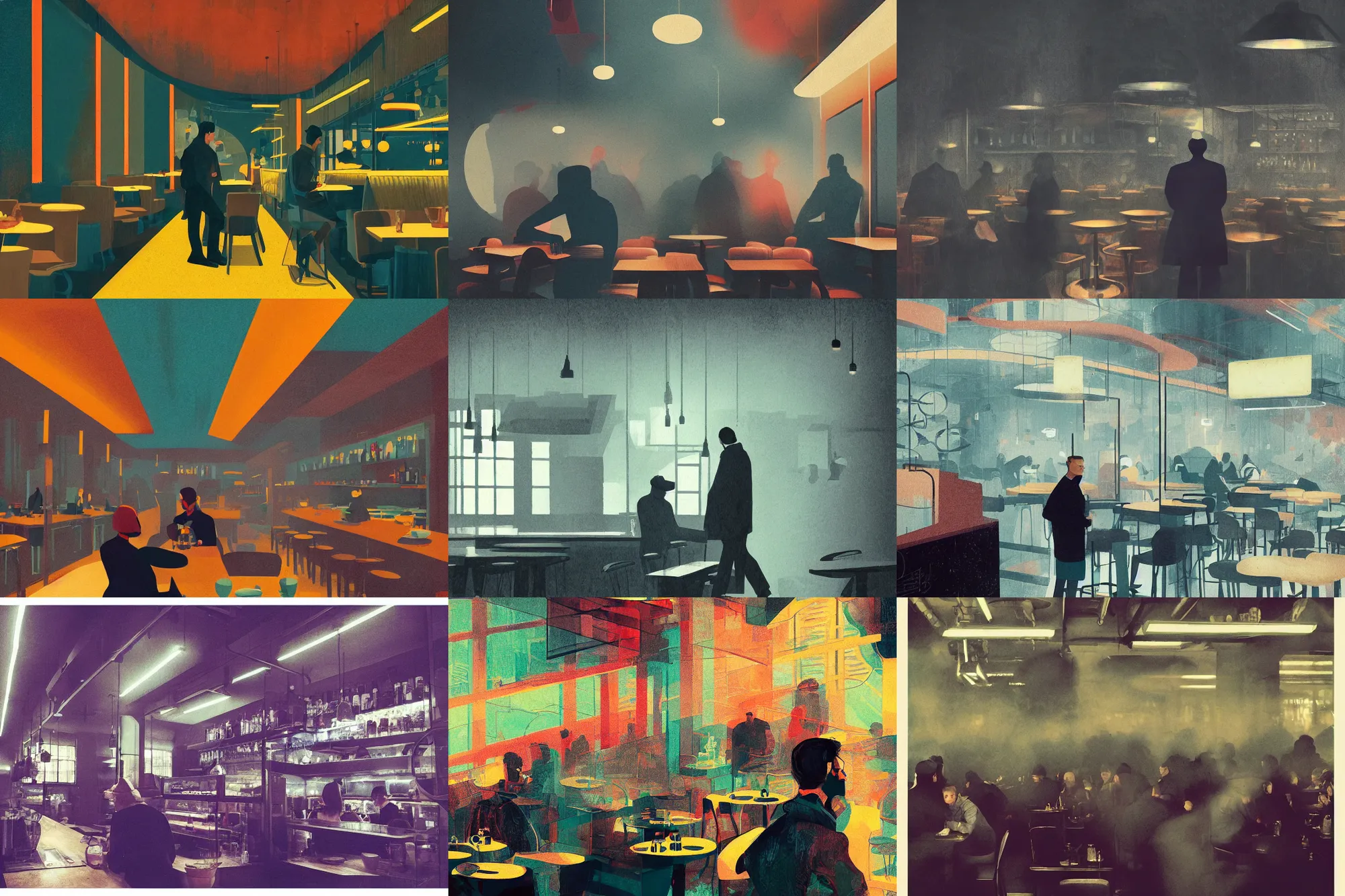Prompt: portrait of busy cafe interior man, colorful, my people, modern art deco, mads berg, christopher balaskas, victo ngai, low fog, fine texture, detailed, muted colors, dramatic lighting, dynamic composition, film noir, matte print, wide angle, moody, stippled, very grainy photo texture