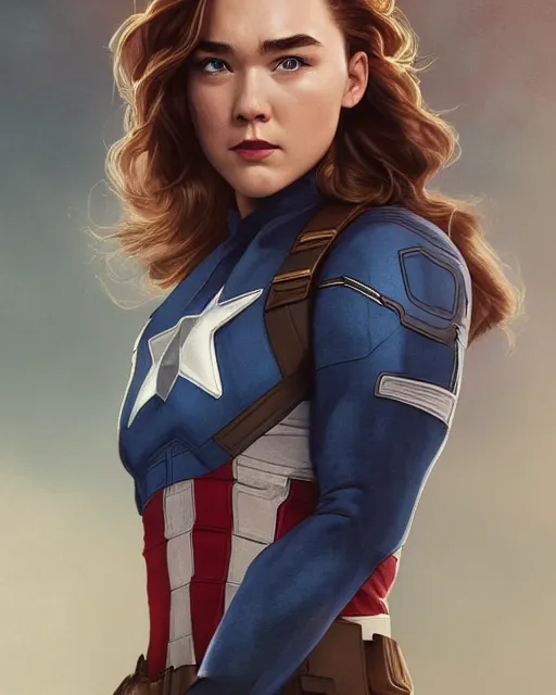 Image similar to 5 5 mm portrait photo of florence pugh as captain america. magical atmosphere. art by artgerm and greg rutkowski. highly detailed 8 k. intricate. lifelike. soft light. nikon d 8 5 0.