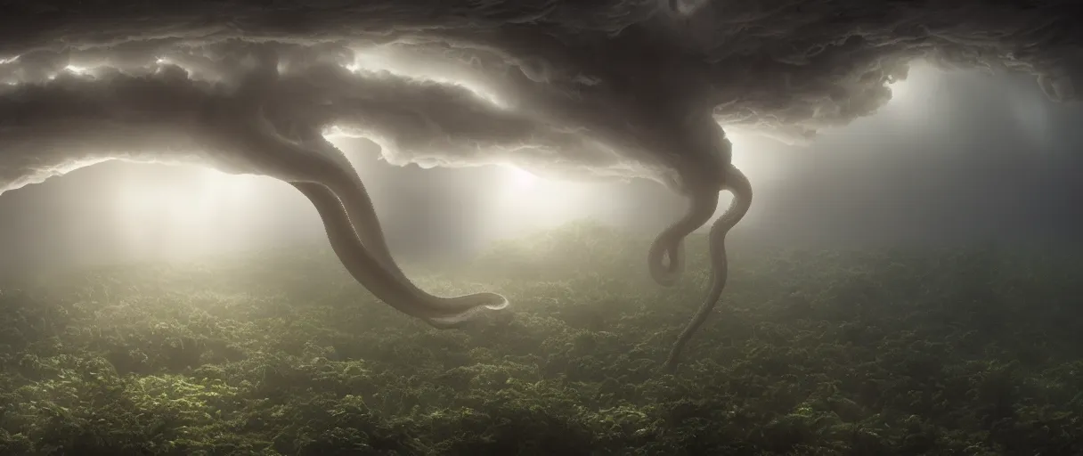 Image similar to a giant octopus tentacle hanging from the clouds over a rain forest, lightning storm and sun rays, ambient light, still from the movie the arrival, 8k