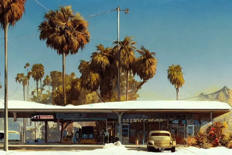 Image similar to natural american landscape | abandoned gas station | palm trees | snowy mountains, painting by syd mead and weta studio and james jean, frank frazetta, highly detailed, rule of third, soft lighting, 8 k resolution, oil on canvas, architectural magazine, beautiful detailed, insanely intricate details, artstation trending, hypermaximalistic, high details, cinematic