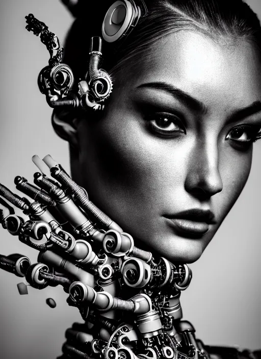 Image similar to a stunning young female cyborg profile face, face is made intricate tribal bio - mechanical, editorial photography, bw, shot on 7 0 mm, depth of field, f / 2. 8, high contrast, 1 6 k, rays of shimmering light, volumetric lighting, shiny, insanely detailed and intricate, hypermaximalist, elegant, ornate, hyper realistic, super detailed