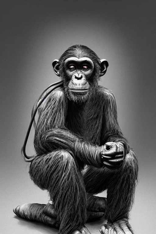 Image similar to portrait of an old chimpanzee dressed as a homeless and seated in the barber shop chair, intricate wrinkles, dystopian sci-fi, evening light, extremely detailed, hands, digital painting, sculpted in zbrush, artstation, concept art, smooth, sharp focus, illustration, chiaroscuro lighting, golden ratio, incredible art by Stanley Artgerm Lau and Greg Rutkowski, composition by Alphonse Mucha and Simon Stalenhag