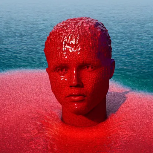 Prompt: a giant human head sculpture in the sea made out of red jelly, in the style of chad knight, long shot, hyper detailed, hyper realistic, ray tracing, 8 k resolution, sharp focus, realistic water, award winning