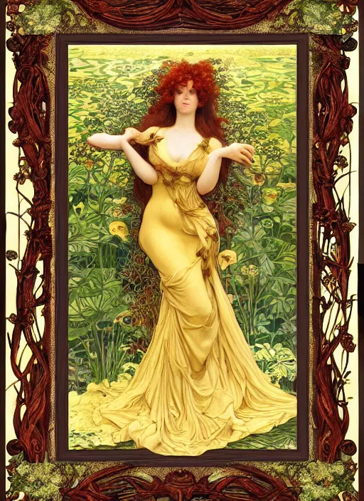 Prompt: masterpiece beautiful seductive flowing curves pose preraphaelite portrait photography, extreme closeup shot, straight bangs, thick set features, yellow ochre ornate medieval dress, amongst foliage mushroom forest arch, william morris and kilian eng and mucha, framed, 4 k