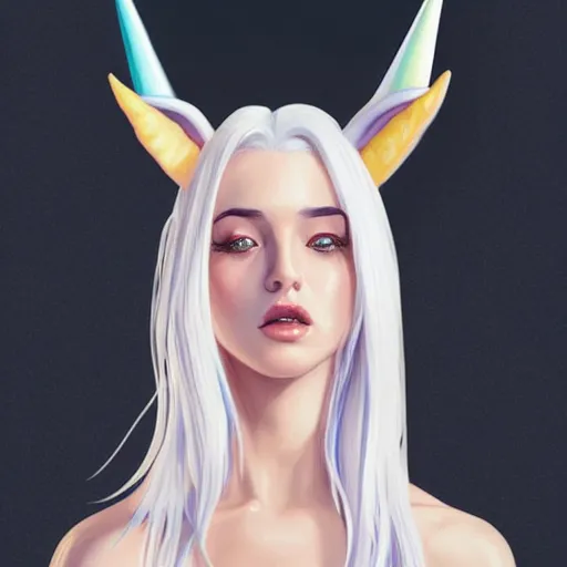 Image similar to a girl with lush white hair, unicorn horn, rim light, fresh colors, gradients, highly detailed, digital illustration, concept art, smooth, sharp focus, pleasing aesthetics, alexander wells