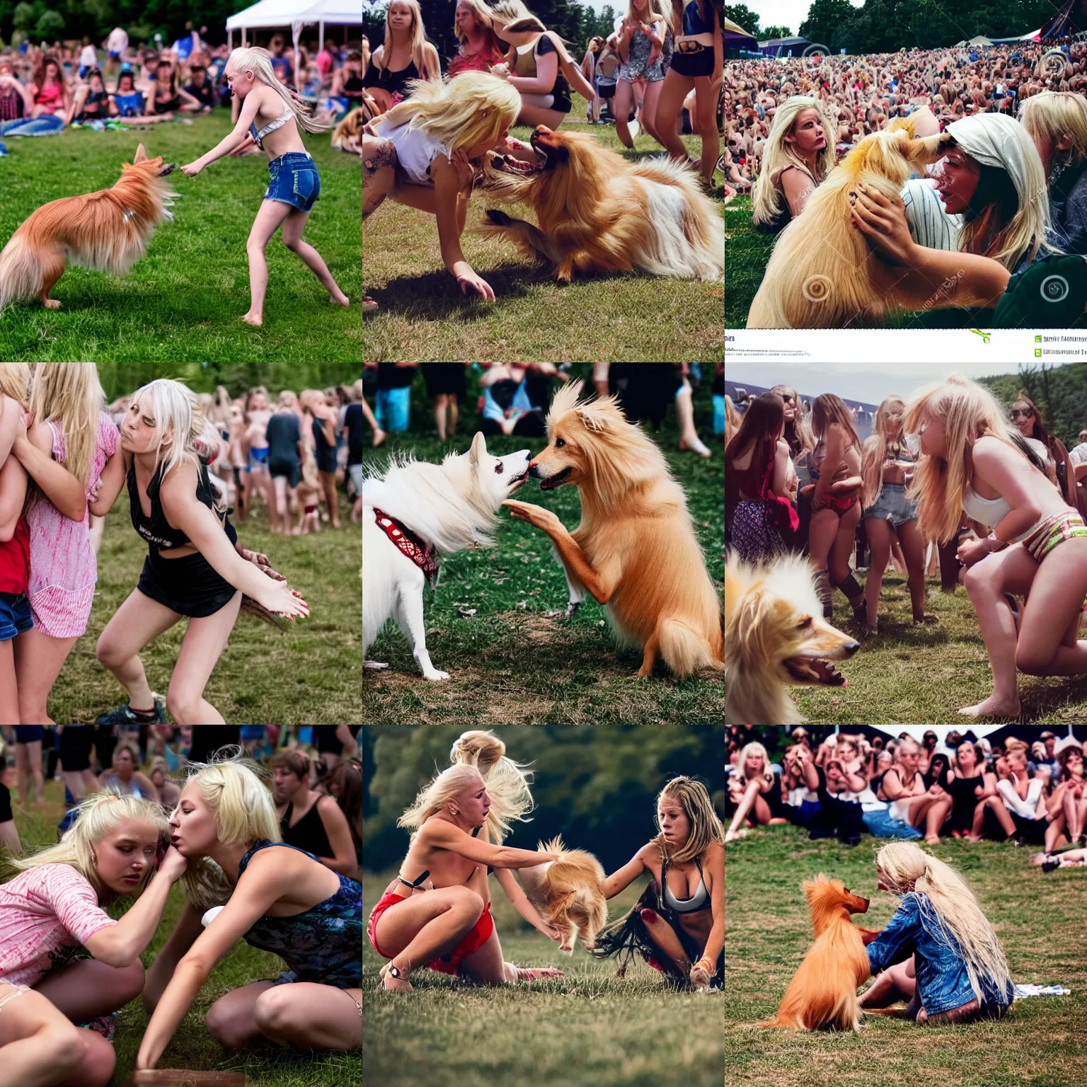 Prompt: two blonde girls fighting at a music festival, an audience of blonde girls watches, a sheltie dog dead, photograph, bloody, nordic summer, wide lens, ultra detailed