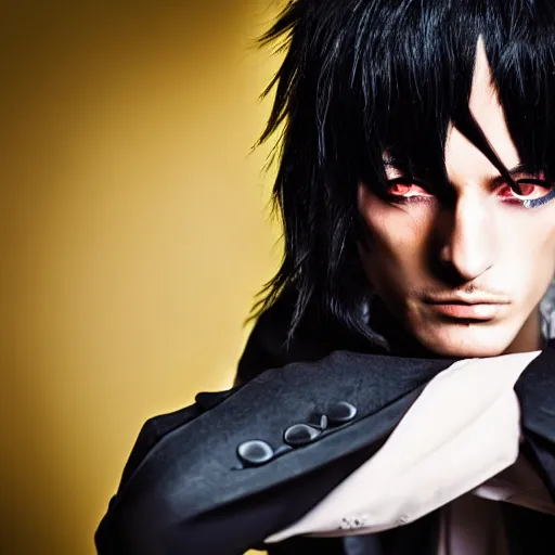 Image similar to eccentric portrait of Lelouch Lamperouge, mysterious man, professional photography, color correction, realistic eyes