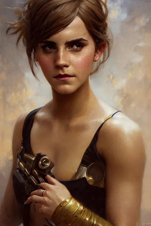 Image similar to detailed portrait of a beautiful emma watson as nier automata muscular, painting by gaston bussiere, craig mullins, j. c. leyendecker