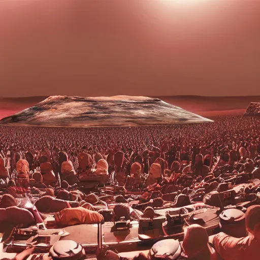 Prompt: heavy metal band playing rock show in an amphitheater on mars, mars space bar, mars colony rock show, neon lights, futuristic, science fiction, space opera