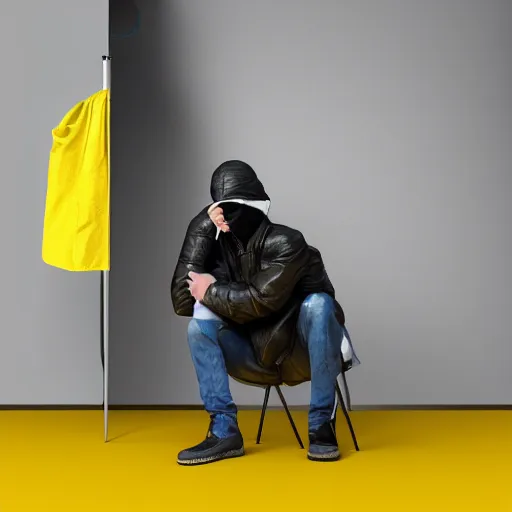 Prompt: photo studio with foggy background. yellow tent on floor. fisherman in balenciaga cloth, plastic bag and black mask. photorealistic high resolution, redshift render, 8 k