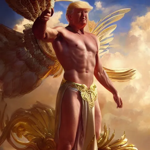 Prompt: donald trump as a heavenly god, upper body, muscular, fantasy, intricate, elegant, highly detailed, digital painting, artstation, concept art, smooth, sharp focus, illustration, art by artgerm and greg rutkowski and alphonse mucha