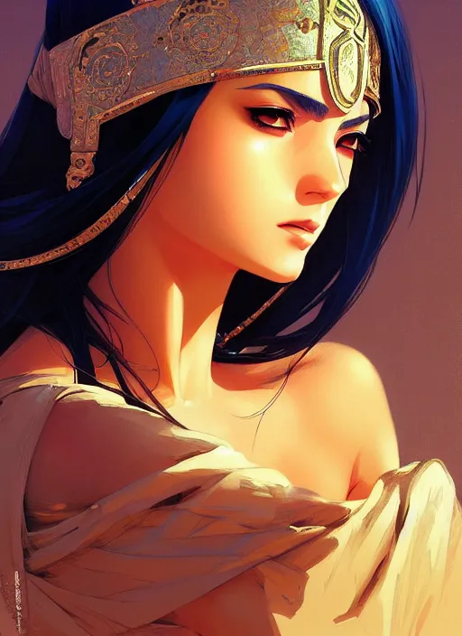 Image similar to a comic portrait of an arab goddess, fine - face, realistic shaded perfect face, fine details. night setting. very anime style. realistic shaded lighting poster by ilya kuvshinov katsuhiro, magali villeneuve, artgerm, jeremy lipkin and michael garmash, rob rey and kentaro miura style, trending on art station