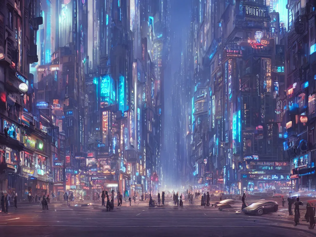 Prompt: beautiful matte painting of a busy city street with complex buildings, vivid lights, art deco, street view, futuristic, technological lights, screens, ads, fine detail, cinematic lighting, concept art, octane render, hyper focus, blue color scheme, by hugh ferris and noriyoshi ohrai