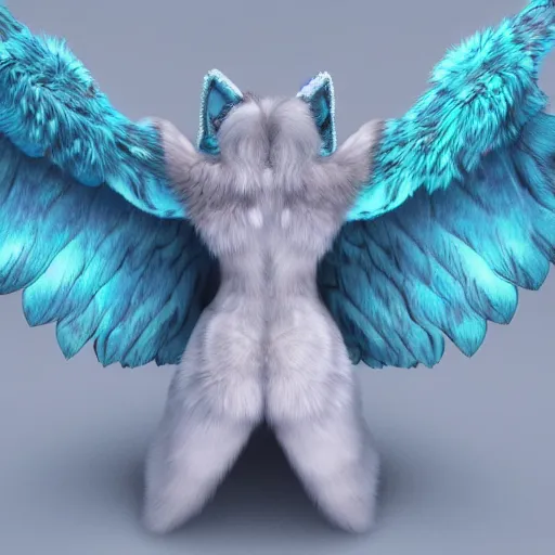 Image similar to 3 d render, well toned, large, female anthropomorphic wolf with wings, blue fur and scales with white spots and wings on her back, icey blue dress, furr covering her chest.