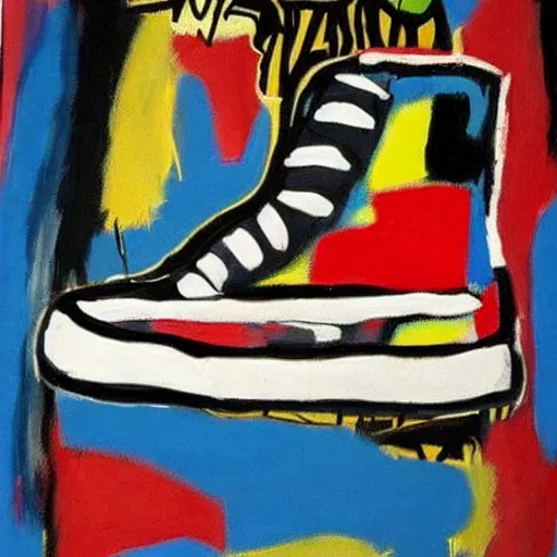 Image similar to basquiat oil painting of cyber balenciaga sneakers,