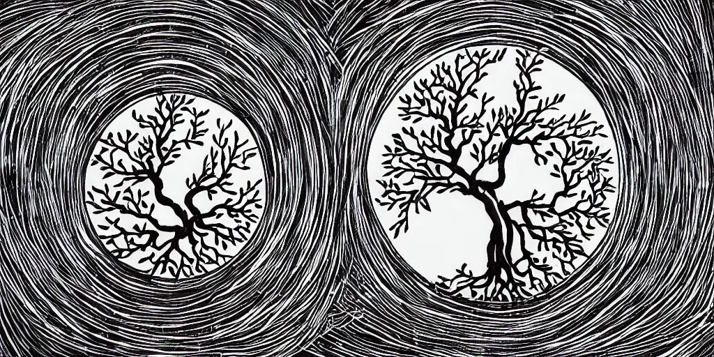 Prompt: tree of life, abstraction, nerves, yin and yang, tranquility, zen,, by yoshitaka aman,