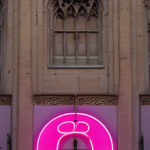 Prompt: A pink neon sign with rounded lowercase letters O, D, O, O above the front door of a cathedral