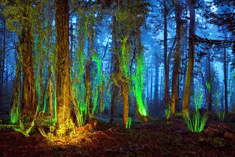 Image similar to bioluminescent pandora nighttime forest. dark. soft glow.