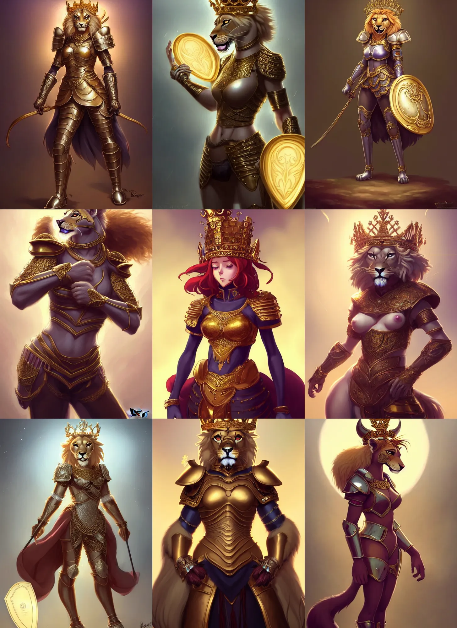 Prompt: beautiful full body portrait of a strong female anthropomorphic lioness fursona queen wearing sexy ornate plate armor and a crown. character design by disney, anime, manga, charlie bowater, ross tran, artgerm, and makoto shinkai, detailed, soft lighting, rendered in octane