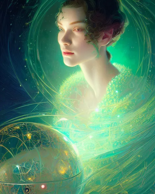 Prompt: harmony of the spheres, fractal crystal, emerald, ( beauty portrait ) by james jean, wlop, victo ngai, beautifully lit, muted colors, highly detailed, artstation, fantasy art by craig mullins, thomas kinkade