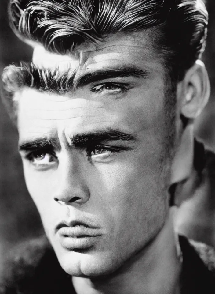 Image similar to genetic combination of james dean, elvis presley, sean connery, and boris karloff. gaunt, handsome, beautiful, striking, chiseled. prominent cheekbones, deep dimples, strong jaw.