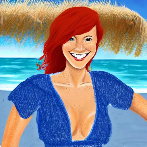 Image similar to digital art of redhead at the beach, freckles, dimples, smiling, flirting, eye contact