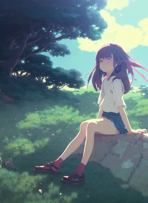 Image similar to portrait of cartoon girl, cloudy sky background lush landscape illustration concept art anime key visual trending pixiv fanbox by wlop and greg rutkowski and makoto shinkai and studio ghibli