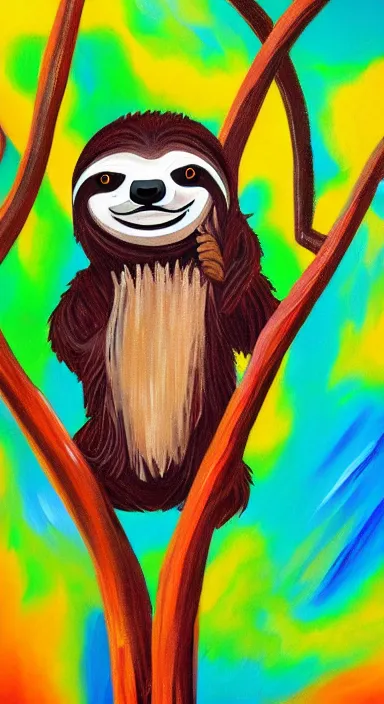 Prompt: abstract painting, a cute sloth hanging on a tree on a beautiful night with stars, made of beautiful colored thick flowing dramatic brush strokes, impressionist, matte colors, trending on artstation