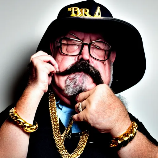 Image similar to dslr portrait photo still of!!! wilfred brimley!!! as a gangsta rapper with gold chains and gold teeth grills growling at camera!!! holding up his hand to show off his large ornate rings!!!, 8 k, 8 5 mm f 1. 8