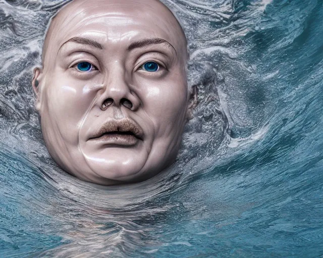 Prompt: a massive porcelain sculpture of a surreal distorted human face on the ocean water, in the style of johnson tsang, lucid dream series, cinematic, hyper - realistic, very detailed, realistic water splashes, ray tracing, 8 k resolution, long - shot, sharp focus, low angle, 8 5 mm photograph, wide lens