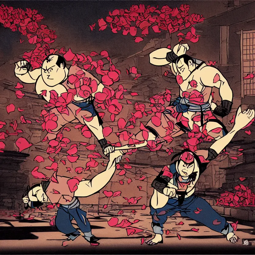 Image similar to cartoon of cyber samurai fighting in an old temple at night, rose petals being blown by the wind, studio lighting, drawn by genndy tartakovsky