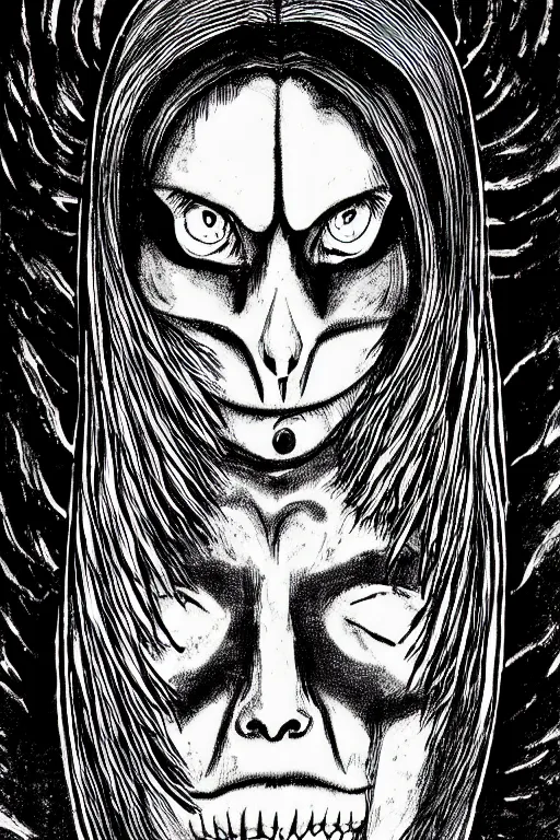 Image similar to angel of death smiling in the dark night, by junji ito with shiver manga art style