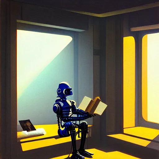 Image similar to digital painting of a droid robot reading a book, concept art, by Ralph mcquarrie, sunlight pouring through window, large scale, high detail, futuristic, godrays, volumetric lighting, warm lighting