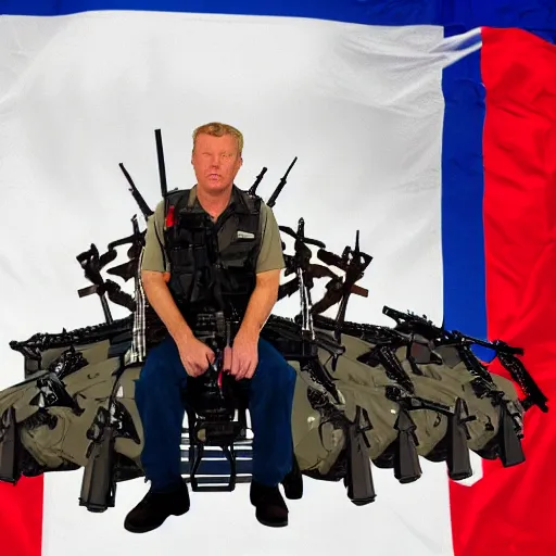 Image similar to kitting holding ar-15 sitting on throne of guns, american flag behind, burning