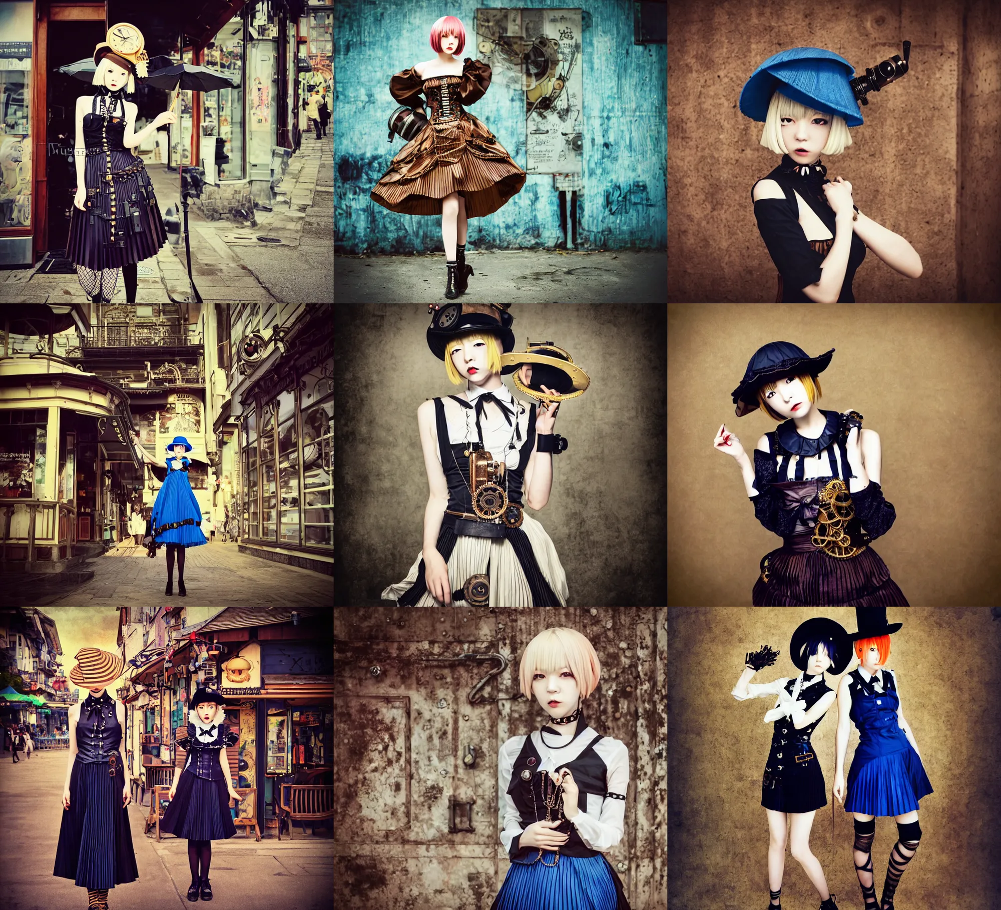 Prompt: lomography, full body portrait photo of women like reol from a distance wearing a pleated steampunk dress with a choker and a small cute hat in front of a open air cafe,, realistic, dynamic perspective pose, skin tinted a warm tone, hdr, rounded eyes, detailed facial features, blue black gold, takashi murakami