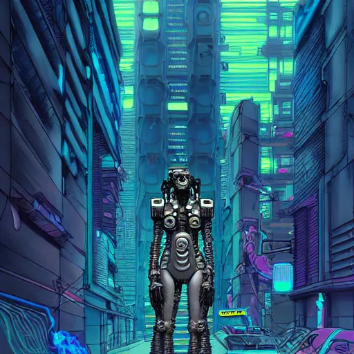 Image similar to A cyberpunk chthonic techno monster cyborg on the street of a cyberpunk city art by Josan Gonzalez, sci-fi, highly detailed, digital painting, artstation, smooth, sharp focus, illustration, concept art by Josan Gonzalez and James Gurney and Mœbius