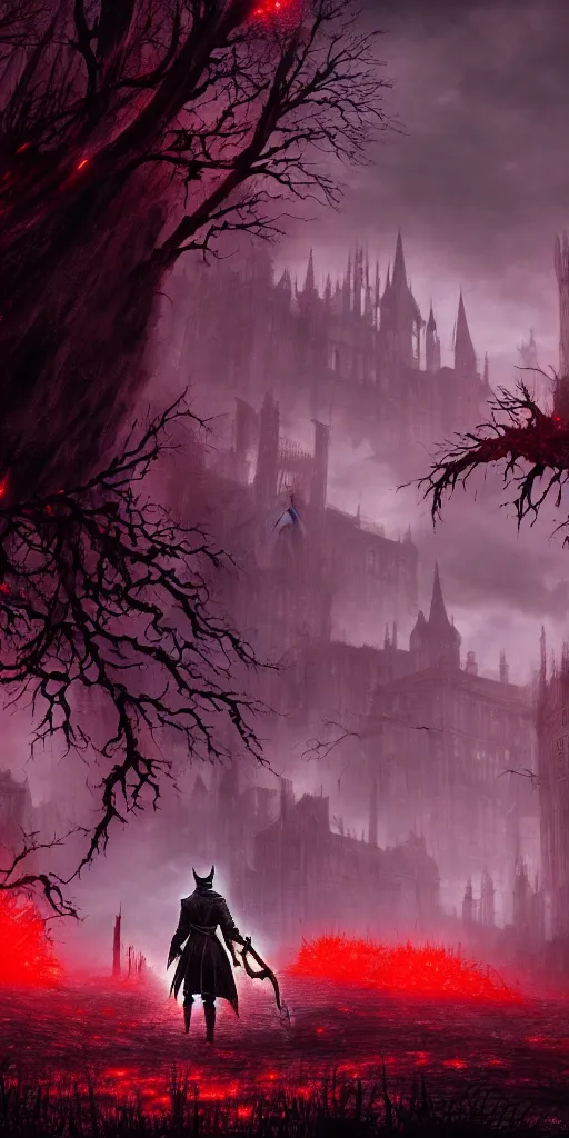 Image similar to abandoned bloodborne old valley with a obscure person at the centre and a ruined gothic city in the background, trees and stars in the background, falling red petals, epic red - orange moonlight, perfect lightning, wallpaper illustration by niko delort and kentaro miura, 4 k, ultra realistic