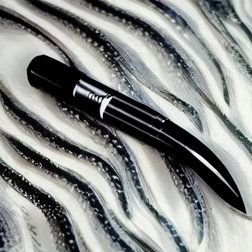 Prompt: a product photo of an ink pen knife ethereal eel by junji ito