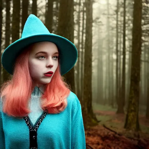 Image similar to young woman is a cottagecore witch, with rosy hair, with teal clothes, in a foggy forest, hyper - realistic, 4 k, full body, vogue photoshoot