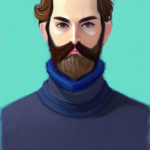 Prompt: gangly man with short dark blond wavy hair, dark blond trimmed beard, English heritage, blue eyes, middle aged, wearing a turtleneck and jacket, pale skin, narrow face, digital art, painterly, cartoon, cute, 8k, illustration, art by loish, painterly, trending on artstation, medium shot, uncropped
