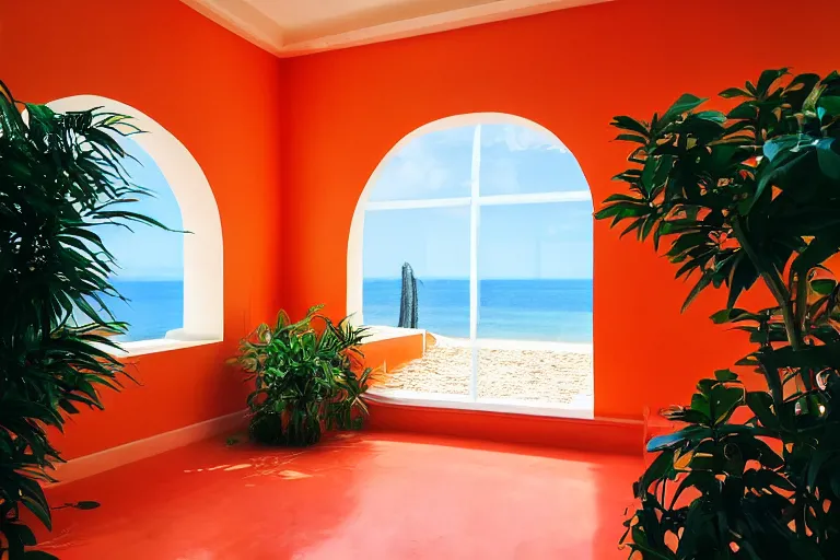 Image similar to a room of a villa with orange walls white floor plants, colorful aquarium, a big window with a view of the beach and sea, beautiful cinematic masterpiece very detailed