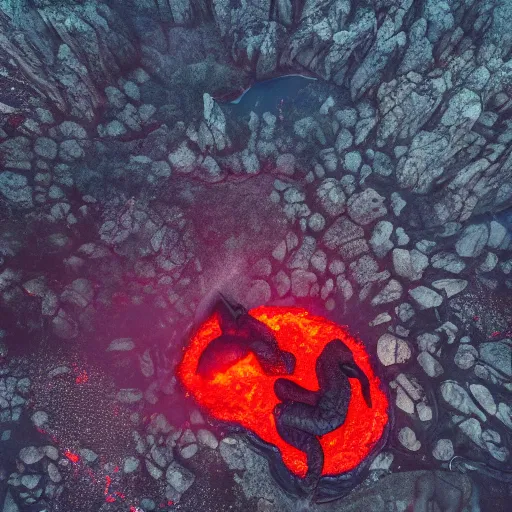 Prompt: candid photograph of a mythological western dragon bathing in lava, cryptid, unexplained phenomena, drone photography, 8k