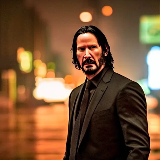 Image similar to keanu reeves as john wick, cyberpunk, walking the streets of night city in the rain, highly detailed, intricate, photorealistic, cinematic lighting