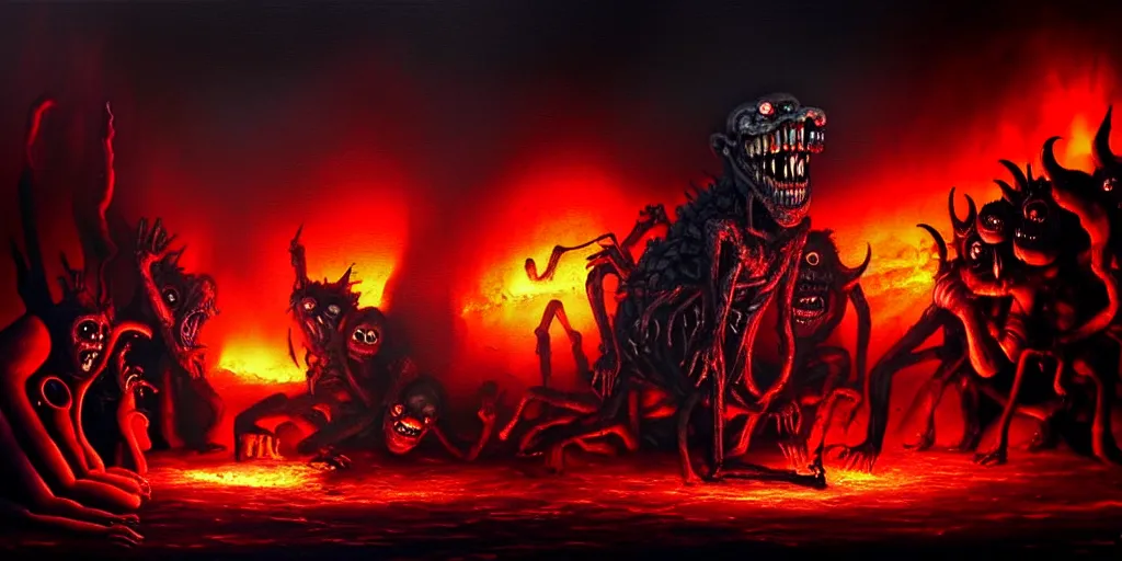 Image similar to repressed emotion creatures and monsters at the mouth of hell, dramatic lighting glow from giant fire, attempting to escape and start a revolution, in a dark surreal painting by ronny khalil